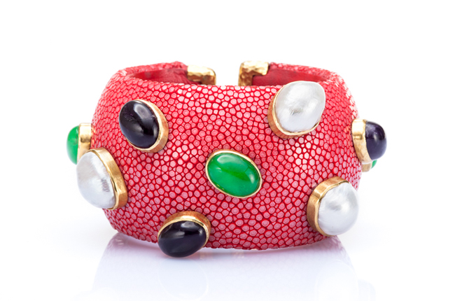 Luxurious Shagreen Cuff Bracelet in Coral Red